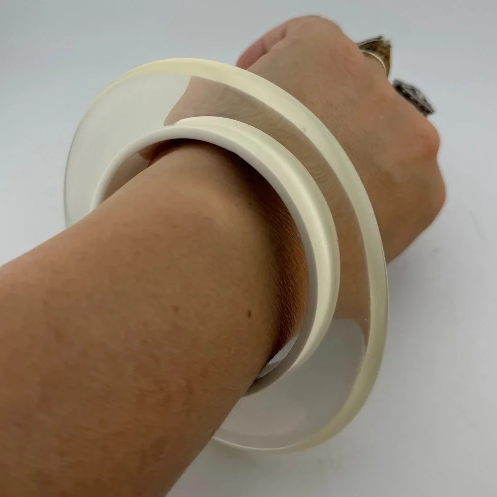 Large Chunky Cream Bangle Bracelet Clear Layered Resin Mod Style